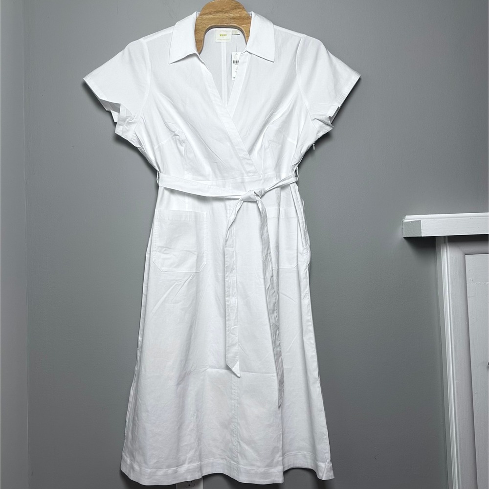 Maeve White Buttoned Midi Dress with Notched Collar